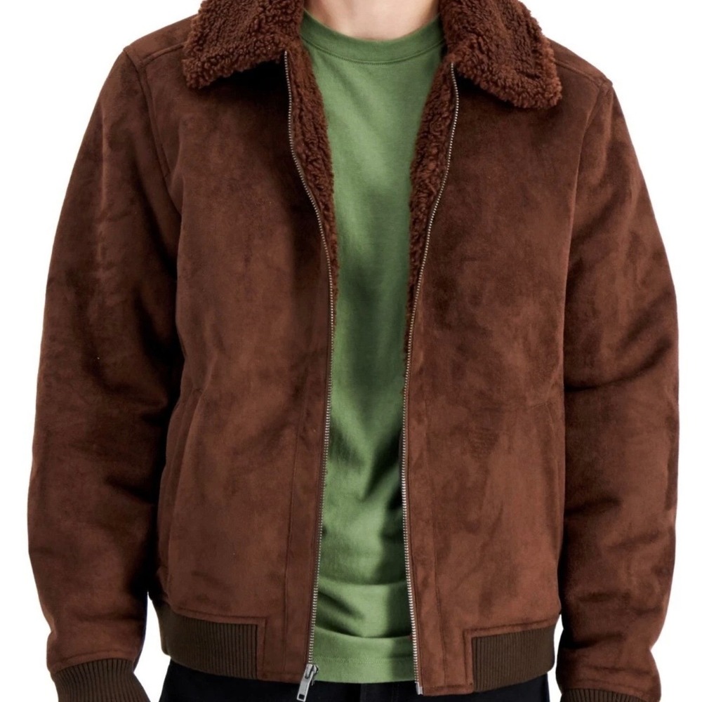 Alfani Mens Faux Suede Sherpa Lined Bomber Jacket Brown Aviator Coat M NEW